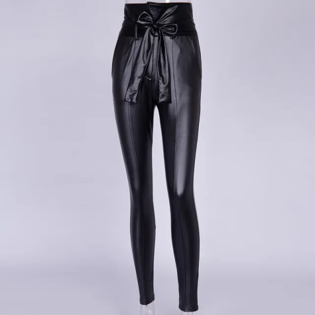 High waist pencil pants PU leather belt trousers Black - Shop at LoveMi
