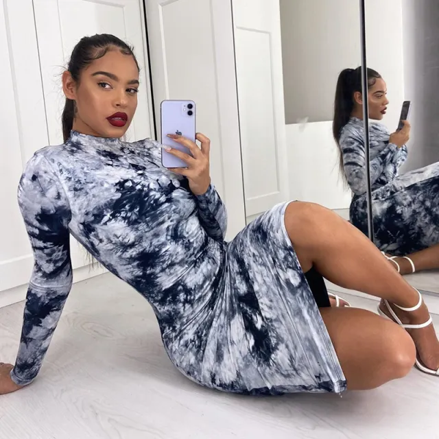 Printed stand collar long sleeve hip dress Tan - Shop at LoveMi