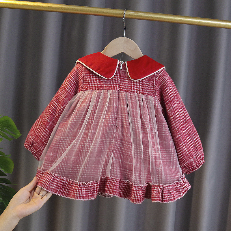 Girls' autumn and winter dress with velvet mesh plaid skirt