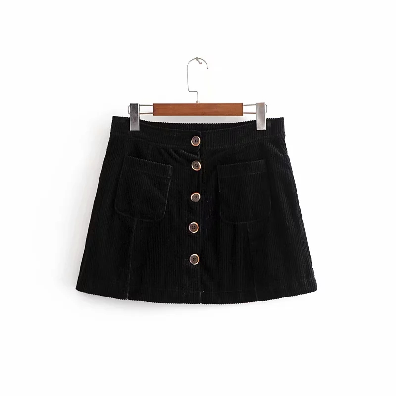 Corduroy A-line skirt high waist single breasted skirt