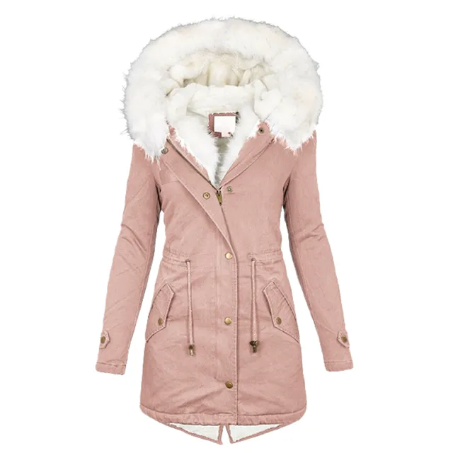 Mid length hooded winter warm plus fleece coat Pink - Shop at LoveMi