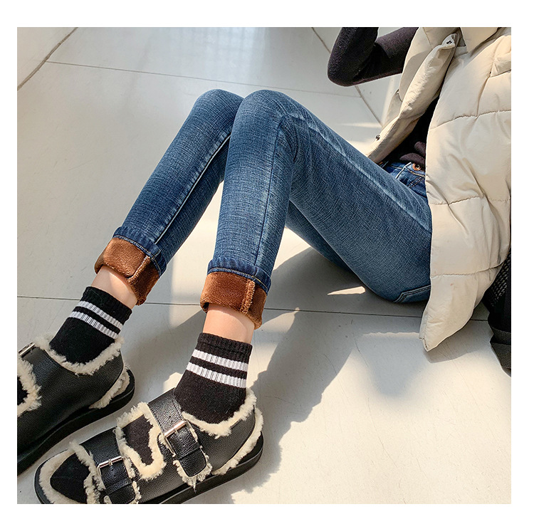 Women's plush casual skinny high waist jeans Coffee - Shop at LoveMi