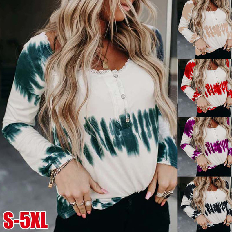Lace round neck striped tie-dye t-shirt women