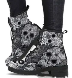 Women Ankle Boots Low Heels Shoes Woman Vintage Pu Leather Autumn Warm Winter high Snow Boots Motorcycle Skull Pansy - Grey - View 1