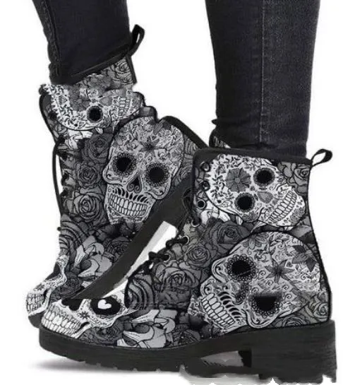 Women Ankle Boots Low Heels Shoes Woman Vintage Pu Leather Autumn Warm Winter high Snow Boots Motorcycle Skull Pansy Grey - Shop at LoveMi