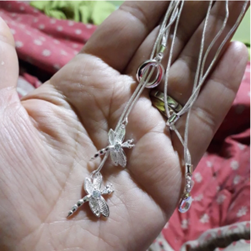Silver-plated inlaid double dragonfly necklace