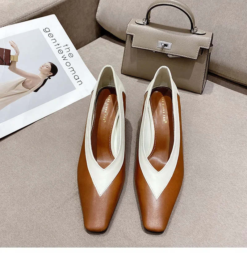 Zapatos de tacón alto con punta cuadrada para mujer, calzado de tacón fino, dise?o de pico profundo, elegantes, a la moda, colores combinados - Brown