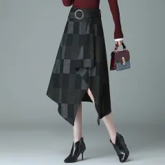 Medium length irregular high waist skirt slim A-line skirt - Black - View 1