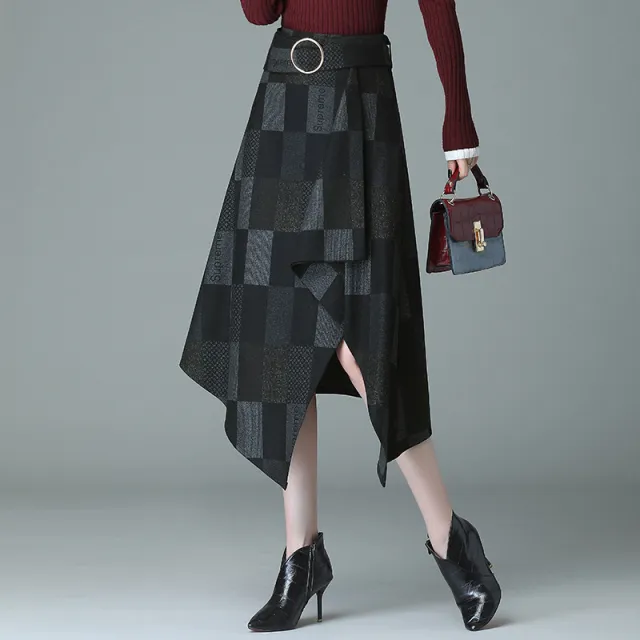 Medium length irregular high waist skirt slim A line skirt Black - Shop at LoveMi