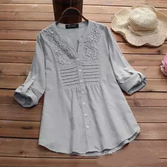 Amazon Europe and the United States new hot selling women's plus casual loose stitching embroidery long-sleeved shirt