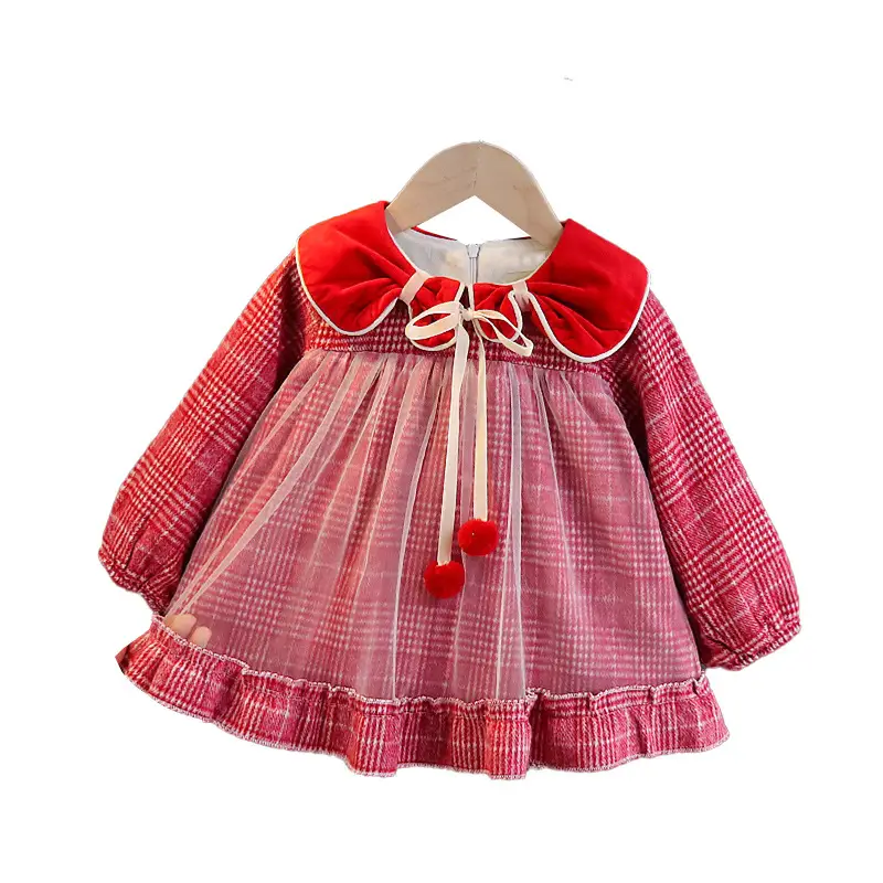 Girls' autumn and winter dress with velvet mesh plaid skirt
