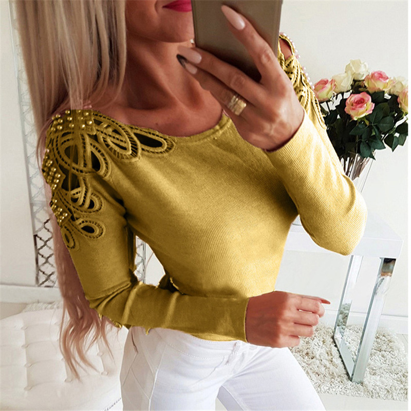 Sexy Hollow Slim Slim Shoulder Lace Lace Long Sleeve T-shirt