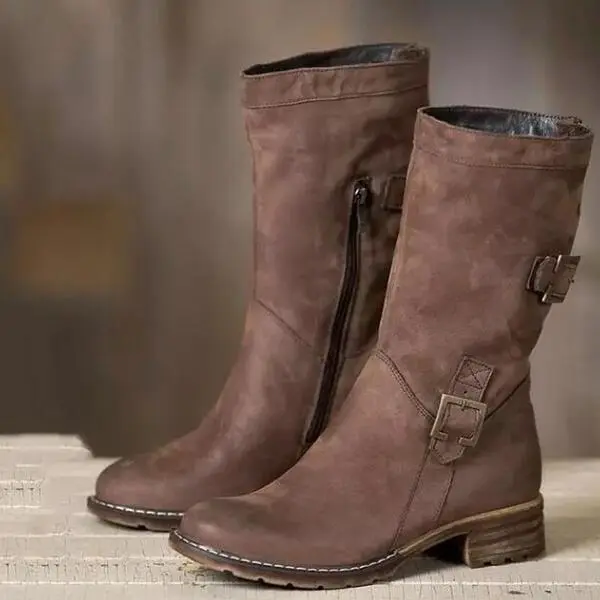 Women's comfortable low heeled square heel retro round toe mid boots Brown - Shop at LoveMi