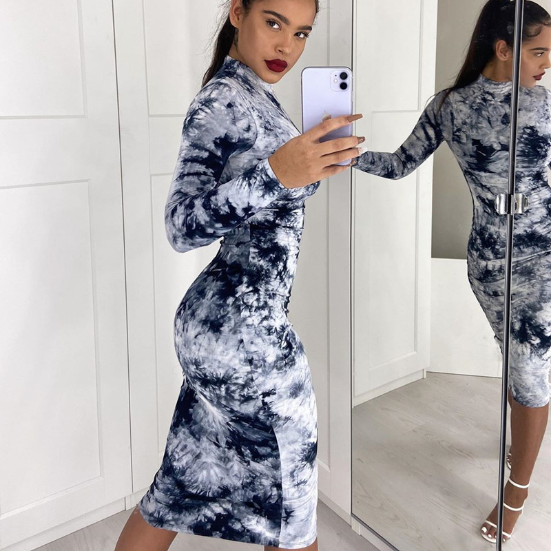 Printed stand collar long sleeve hip dress