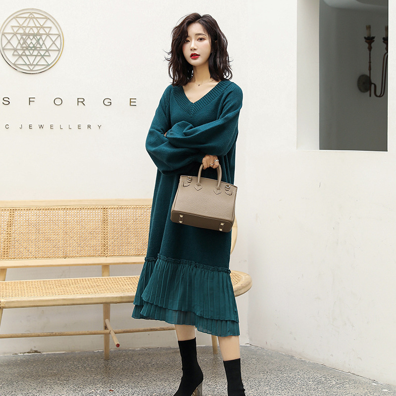 V-neck loose chiffon stitching sweater dress