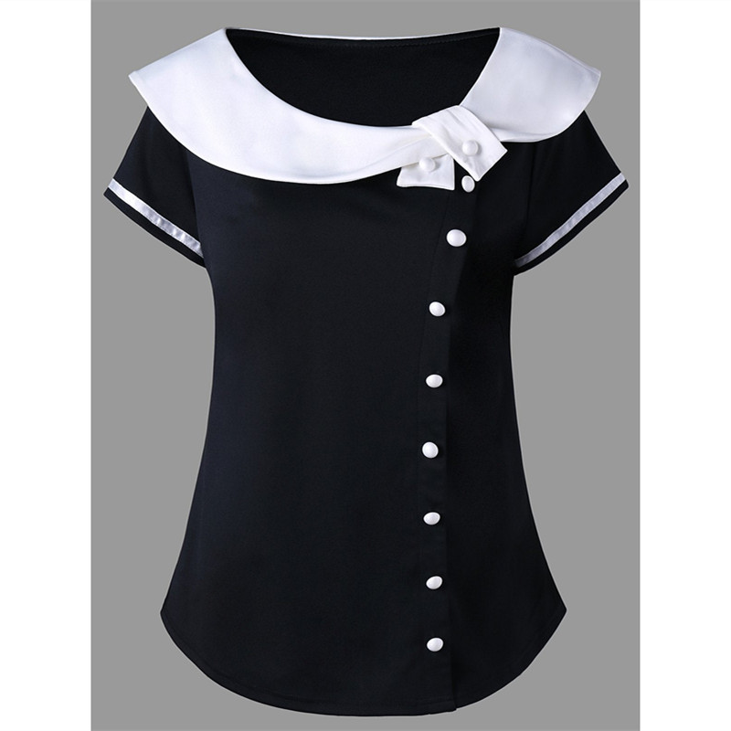 Short-sleeved single-breasted button small lapel top T-shirt