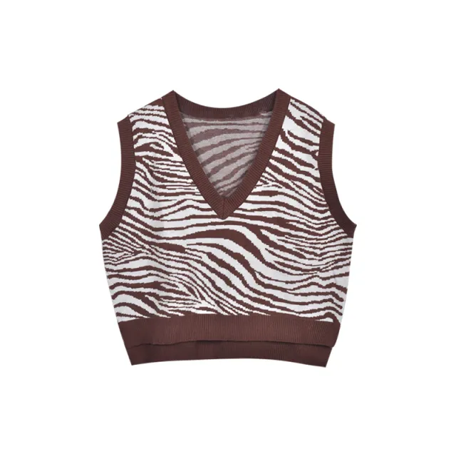 Zebra print V neck loose fitting sweater vest Coffee - Shop at LoveMi
