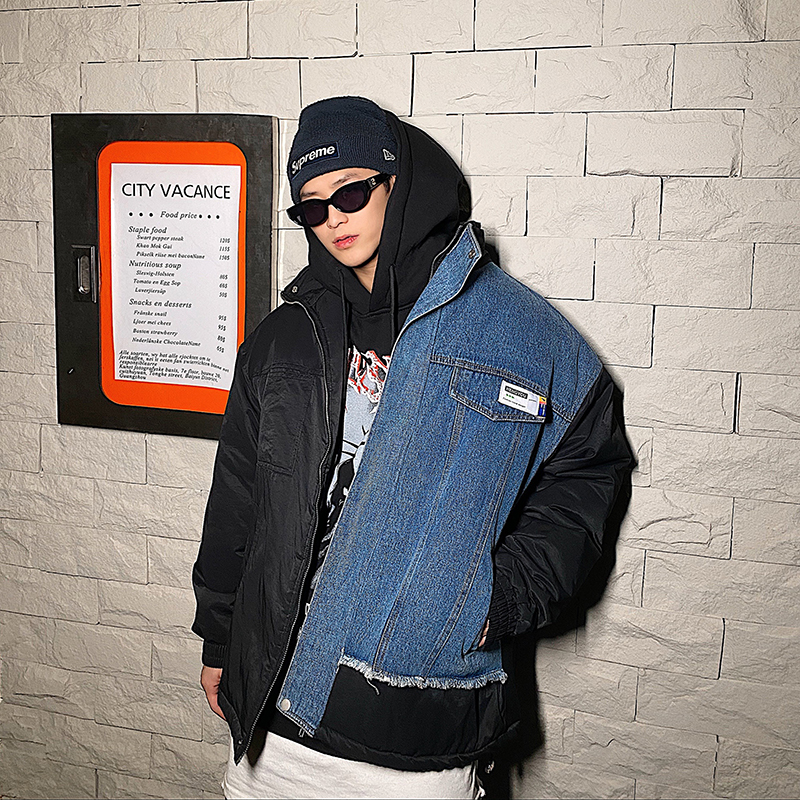 Autumn and winter denim stitching jacket boys loose quilted