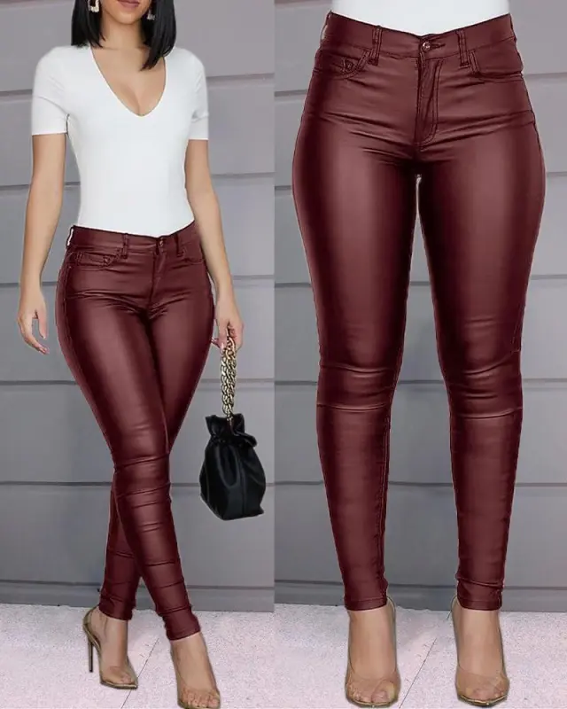Women's pure color high elastic casual sexy pants Wine Red - Shop at LoveMi