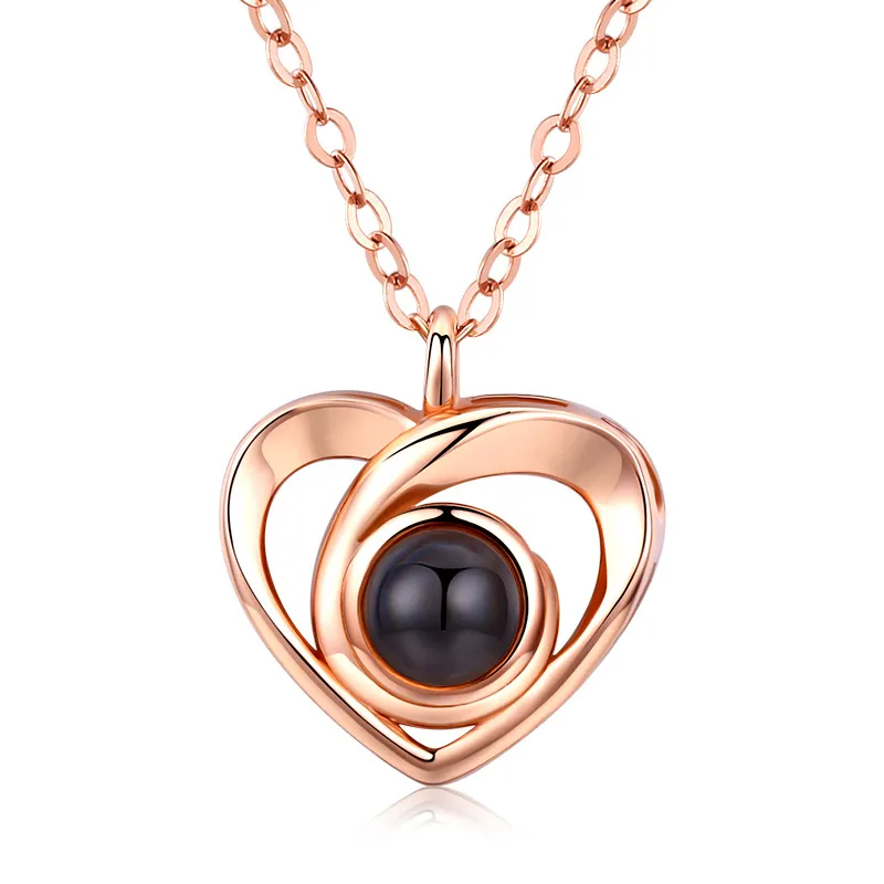 S925 Silver Romantic Photo Projection Necklace Heart Shaped Pendant Necklace - Rose Red