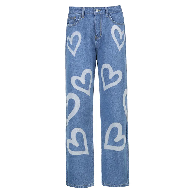Love graffiti women high waist straight slim jeans - Blue