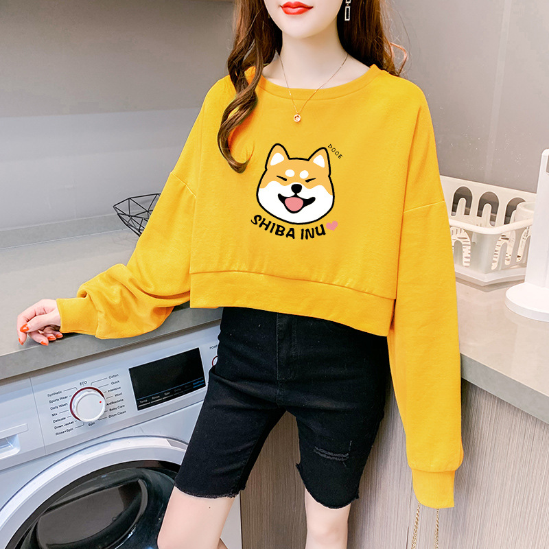 Women's high waist round neck short hoodless sweater Yellow - Shop at LoveMi