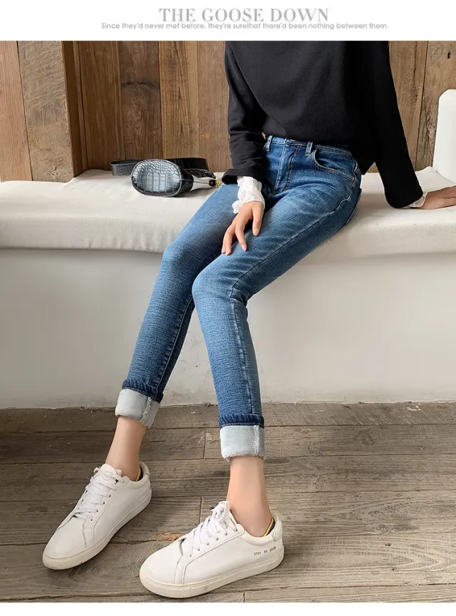 Women's plush casual skinny high waist jeans Blue And White - Shop at LoveMi
