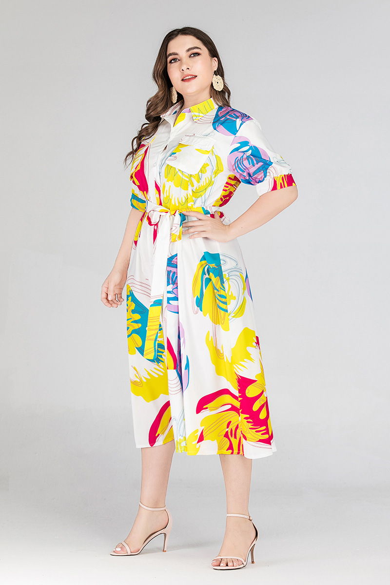 Color printing elegant shirt dress short sleeve casual dress large oversized dress