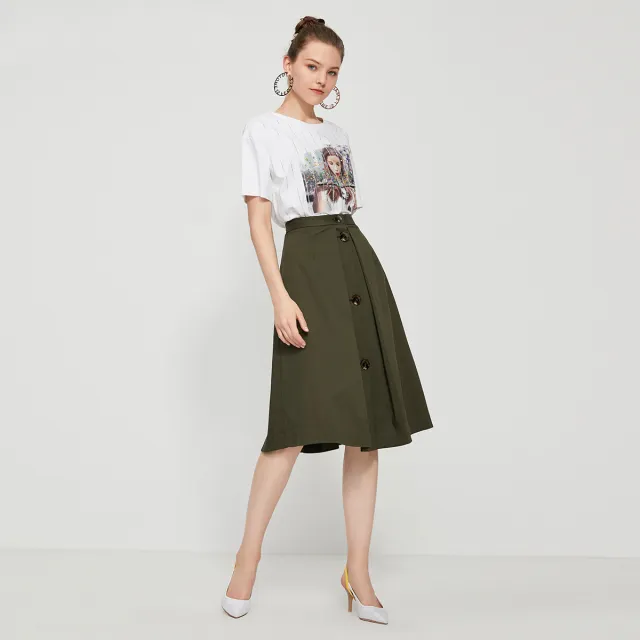 Button embellished pleated A line skirt Green - Shop at LoveMi