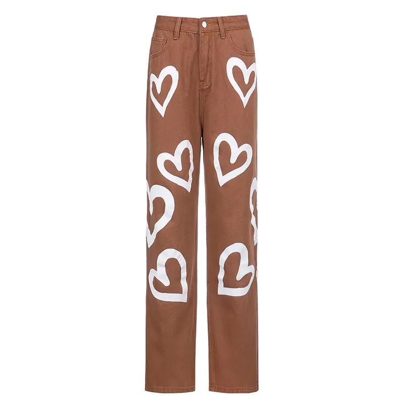 Love graffiti women high waist straight slim jeans - Brown