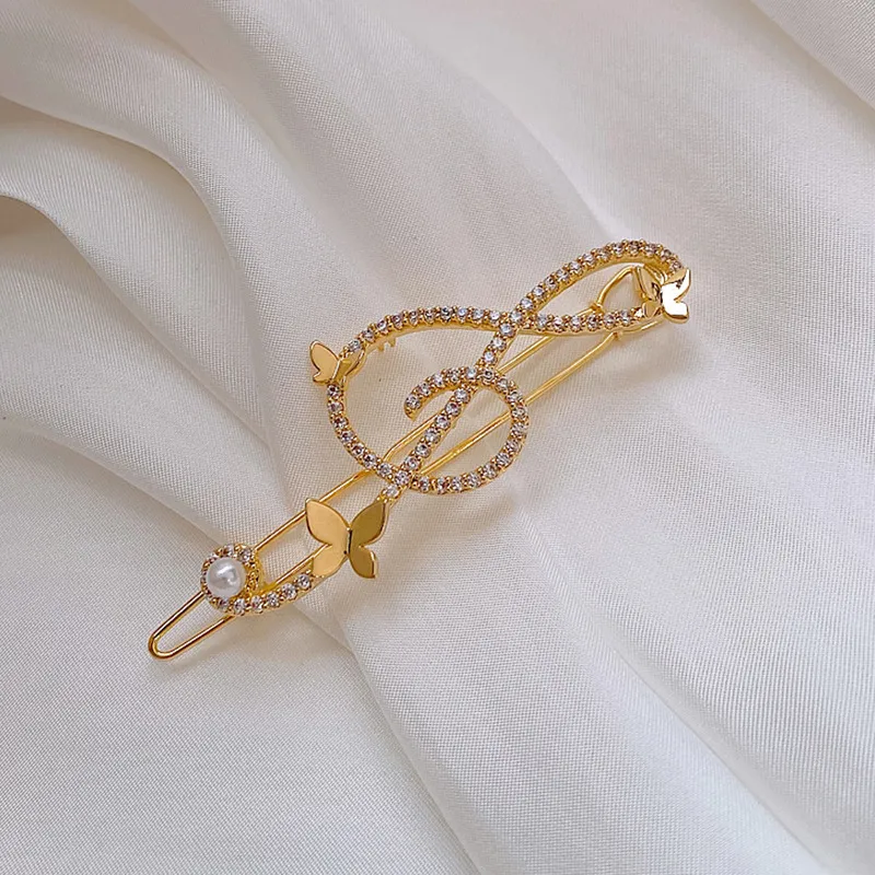 Diamond Pearl Musical Note Butterfly Hairpin - Gold