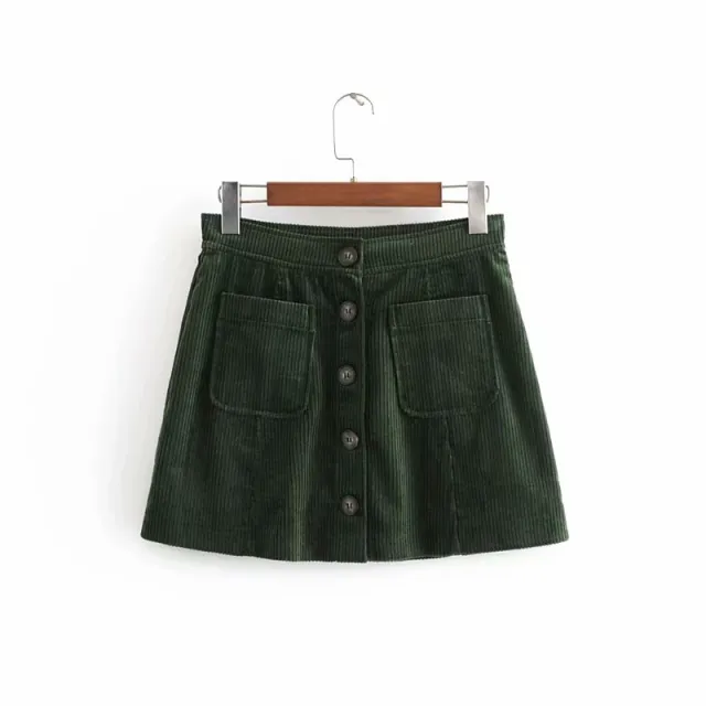 Corduroy A line skirt high waist single breasted skirt Dark Green - Shop at LoveMi