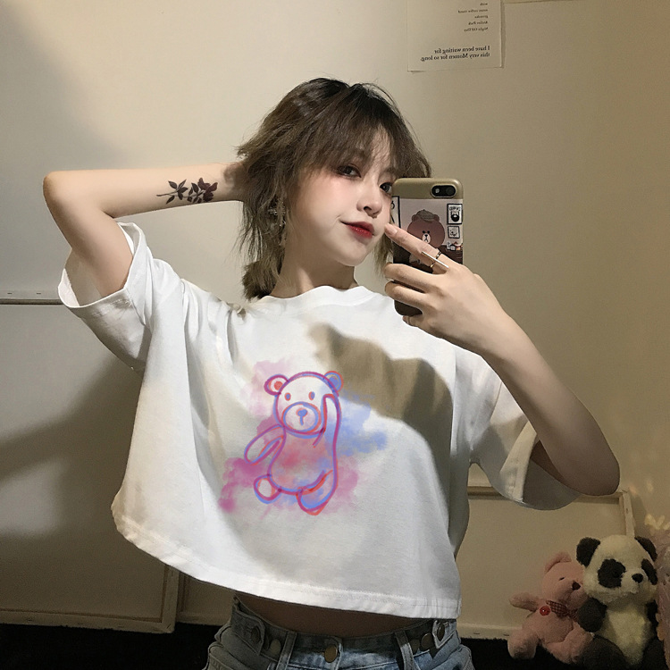 Fun bear print navel short-sleeved T-shirt