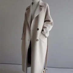 Korean Style Temperament Mid-length Over-the-knee Double-sided Cashmere Woolen Coat - Off White - View 1
