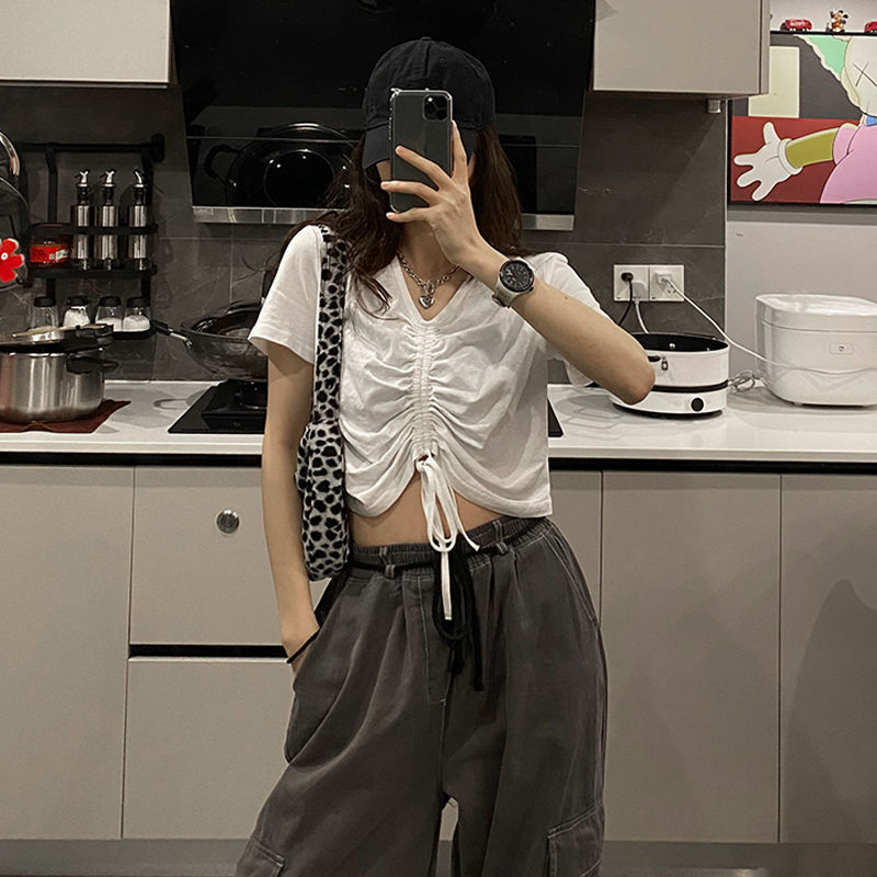 Women's umbilical bm wind drawstring t-shirt