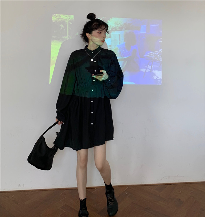 Women's high waist loose pleated lantern sleeve dress