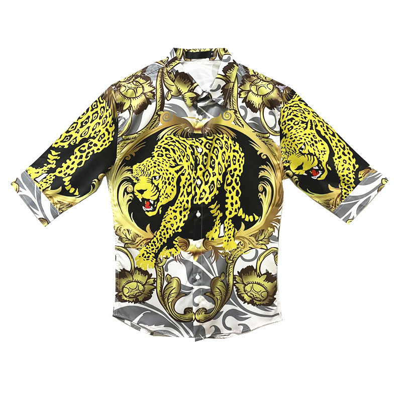 Leopard print boys five-point sleeve shirt