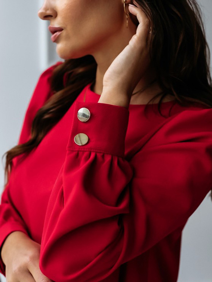 Net Red Long Sleeve Round Neck Metal Button Dress