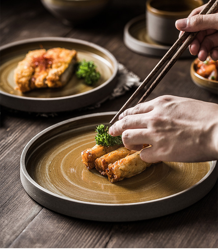 antique tableware dish set simple coarse ceramic steak plate dessert plate simple rice bowl household dish — view 5