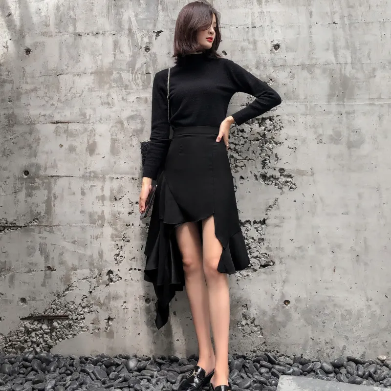 Fluttering irregular high waist slim skirt - Black