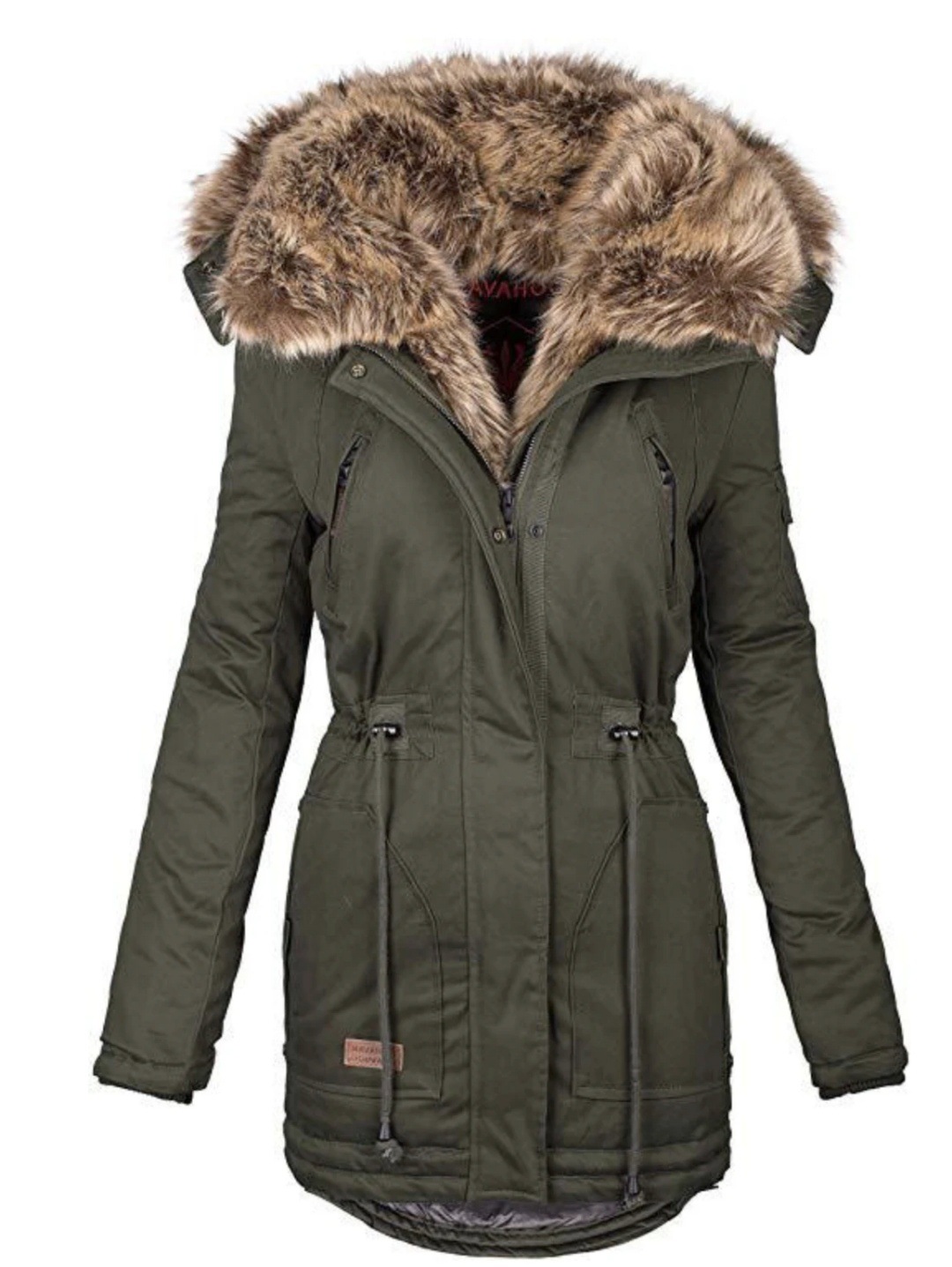 Winter warm fur collar female zipper long sleeve Army Green - Shop at LoveMi