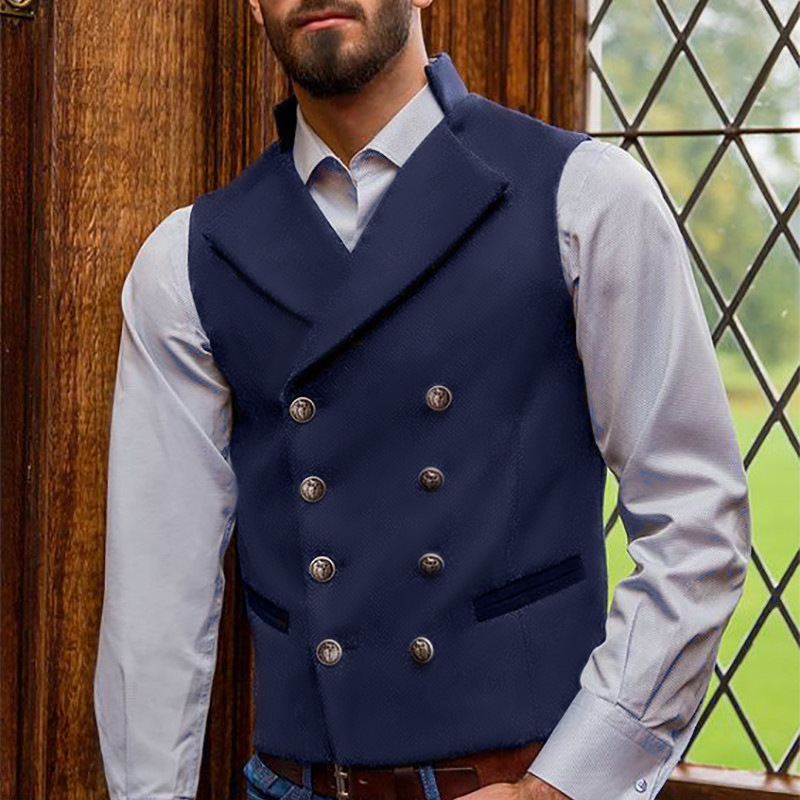 Men's solid color cardigan lapel double-breasted vest