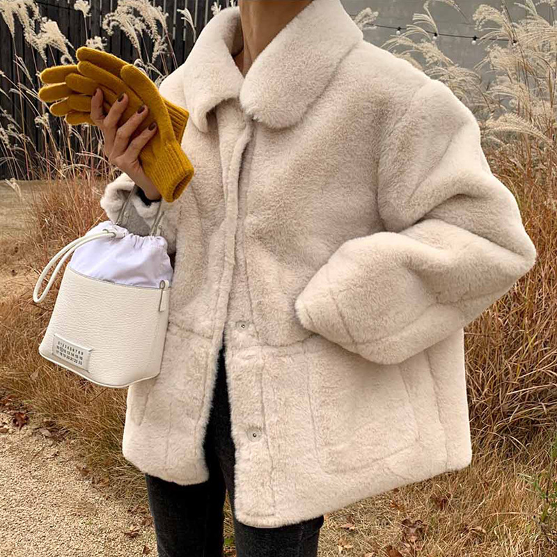 Thicken and warm both sides wear a short fur coat Milky Apricot - Shop at LoveMi