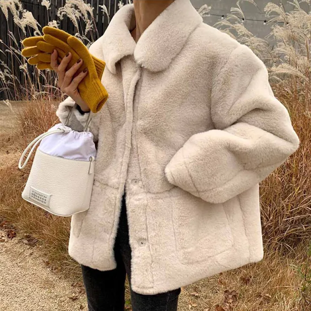Thicken and warm both sides wear a short fur coat Milky Apricot - Shop at LoveMi