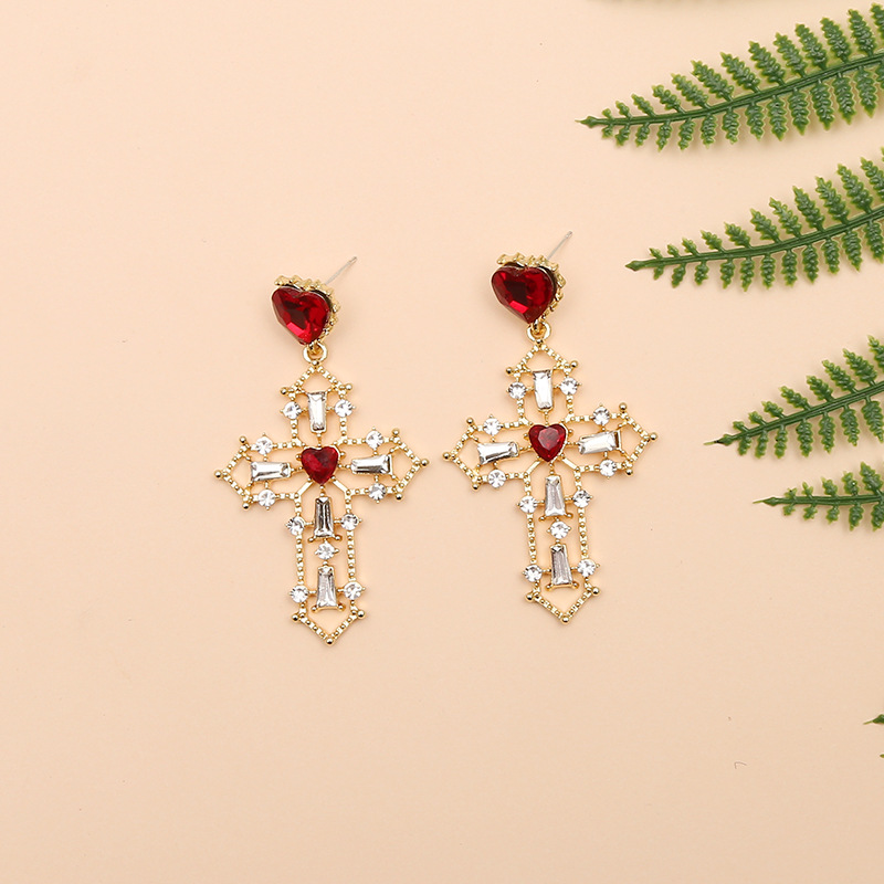 Golden cross earrings peach heart exaggerated earrings