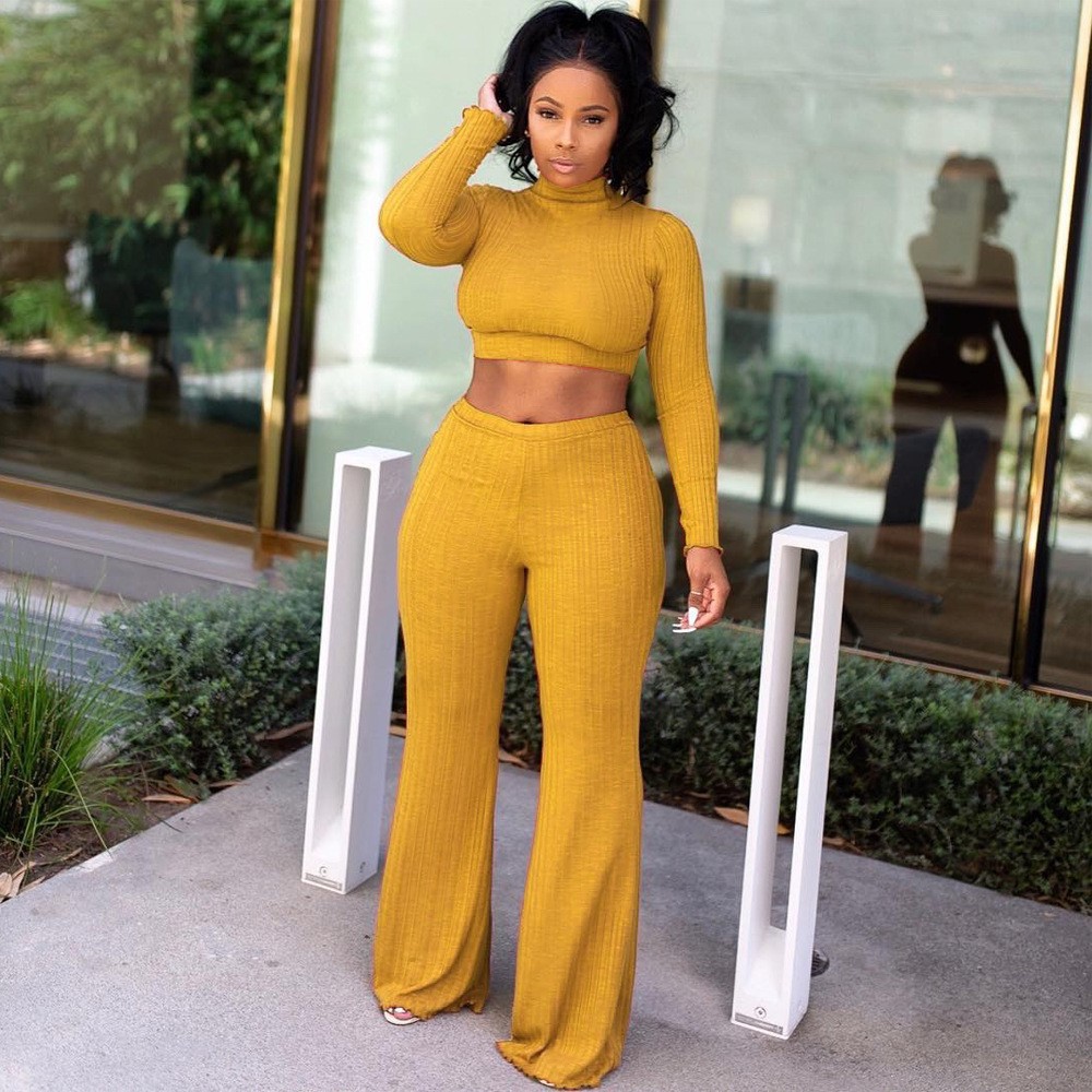 Cross-border women's dress in solid color cotton pit strip slimming waist, long sleeve, high neck knit top to show the skinny wide-leg pants two-piece set