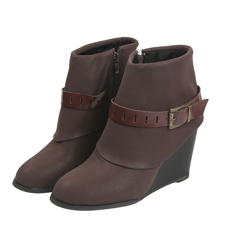 Buckled wedge high heel side zipper short boots Coffee - Shop at LoveMi