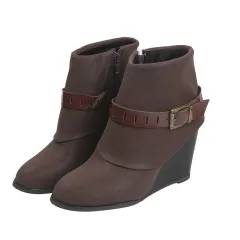 Buckled wedge high heel side zipper short boots - Coffee - View 1