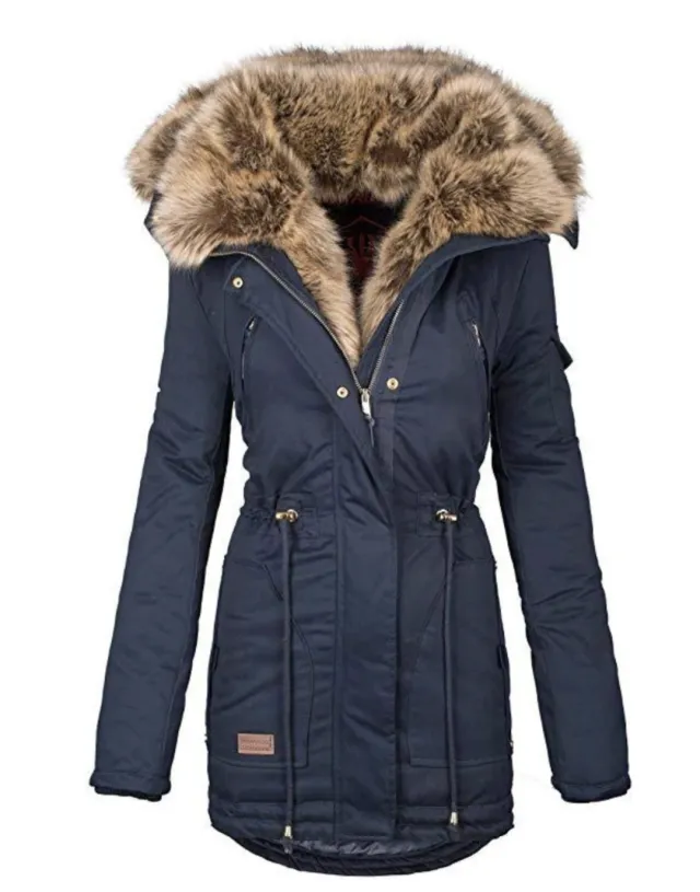 Winter warm fur collar female zipper long sleeve Blue - Shop at LoveMi