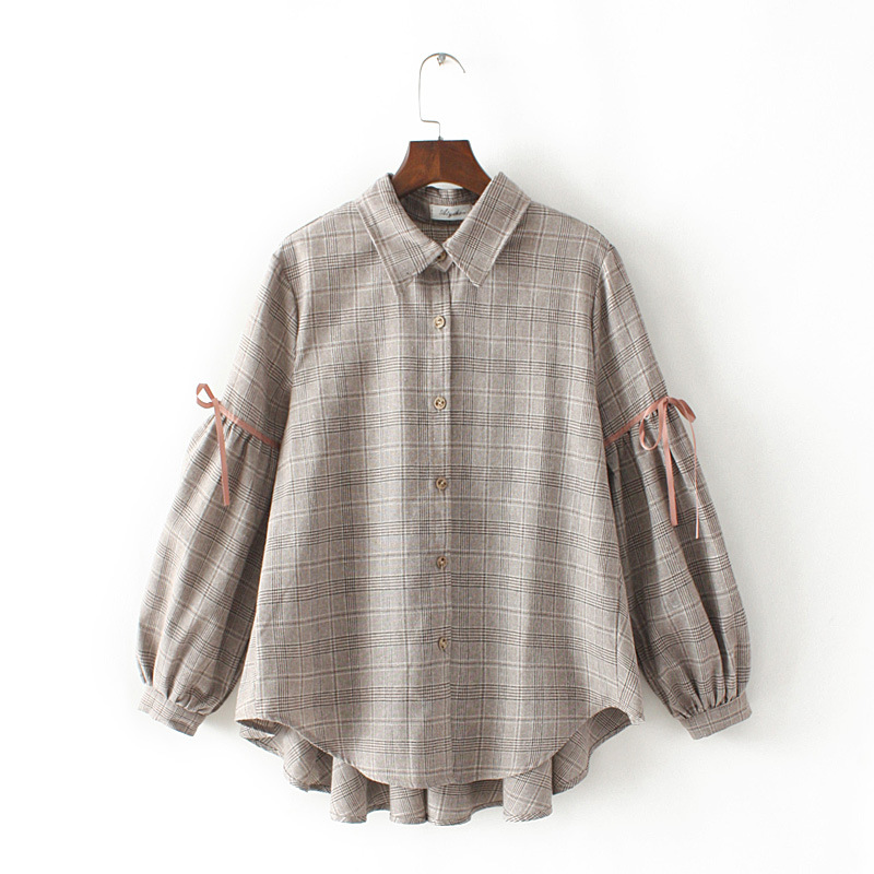 Korean style plus size ladies plaid shirt Light Coffee - Shop at LoveMi